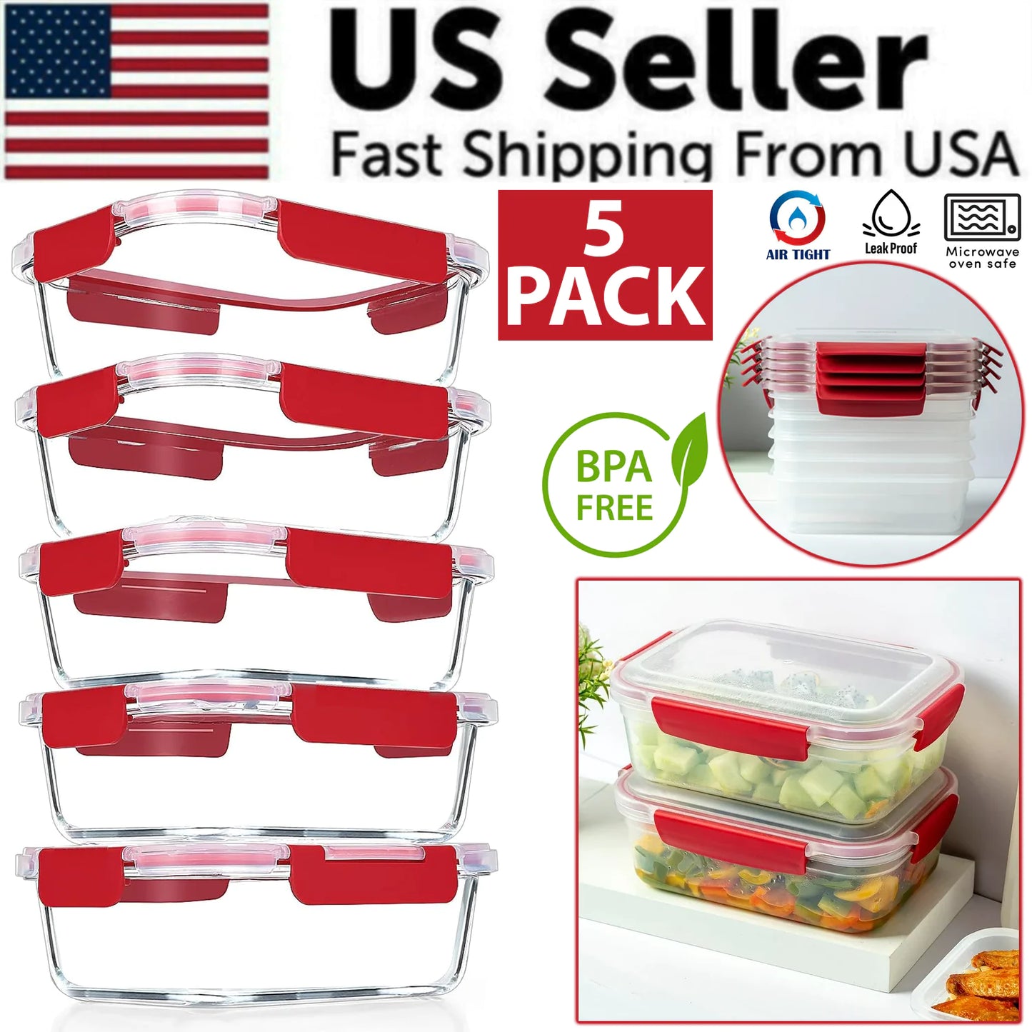 5 Pack Stackable Food Storage Containers Airtight & Leakproof Set Snap Lock Lids - PowerFuelHQ